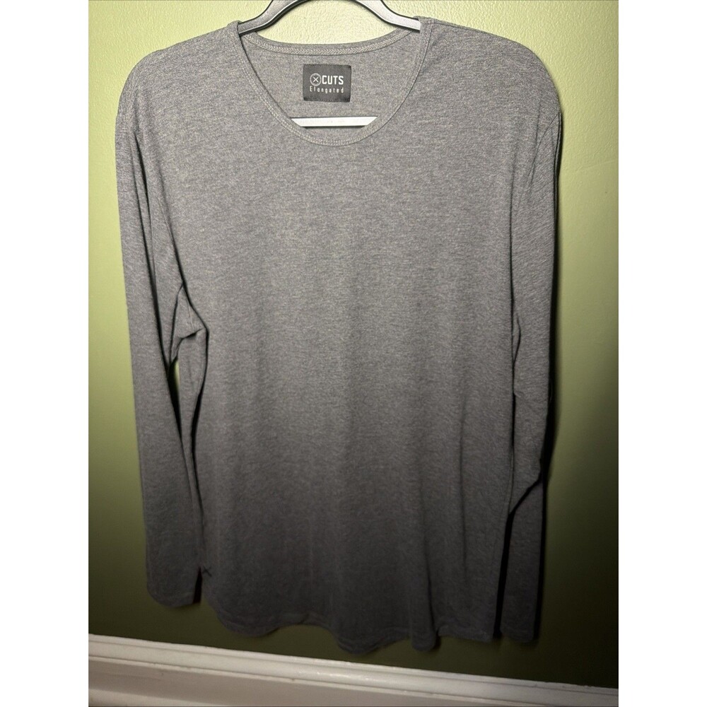 Cuts Elongated Long Sleeve T Shirt Curve Hem Men's Medium Gray